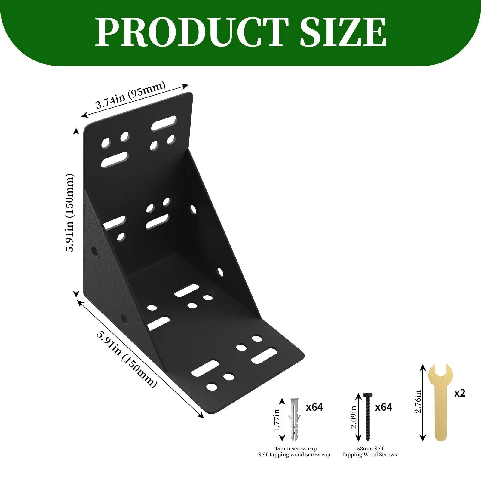 Eight Piece Post Base Pergola Bracket Kit Inner Size 3.5 Inch by 3.5 Inch Heavy Duty Black Powder Coated Steel 90 Degree Brackets