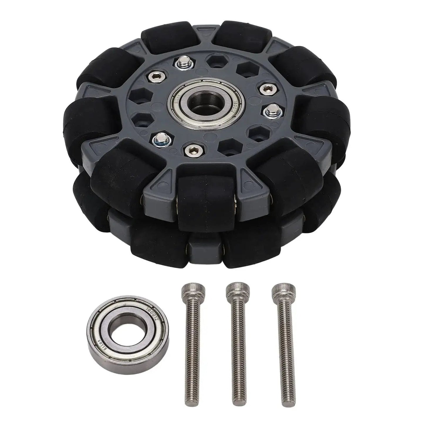 Omni Directional Robot Wheel 100mm With Center Bearing For Robot Cars And DIY Projects 360 Degree Rotation shown with parts