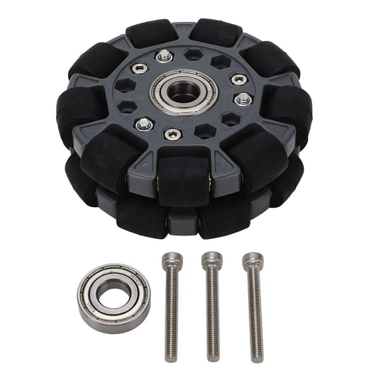 Omni Directional Robot Wheel 100mm With Center Bearing For Robot Cars And DIY Projects 360 Degree Rotation shown with parts