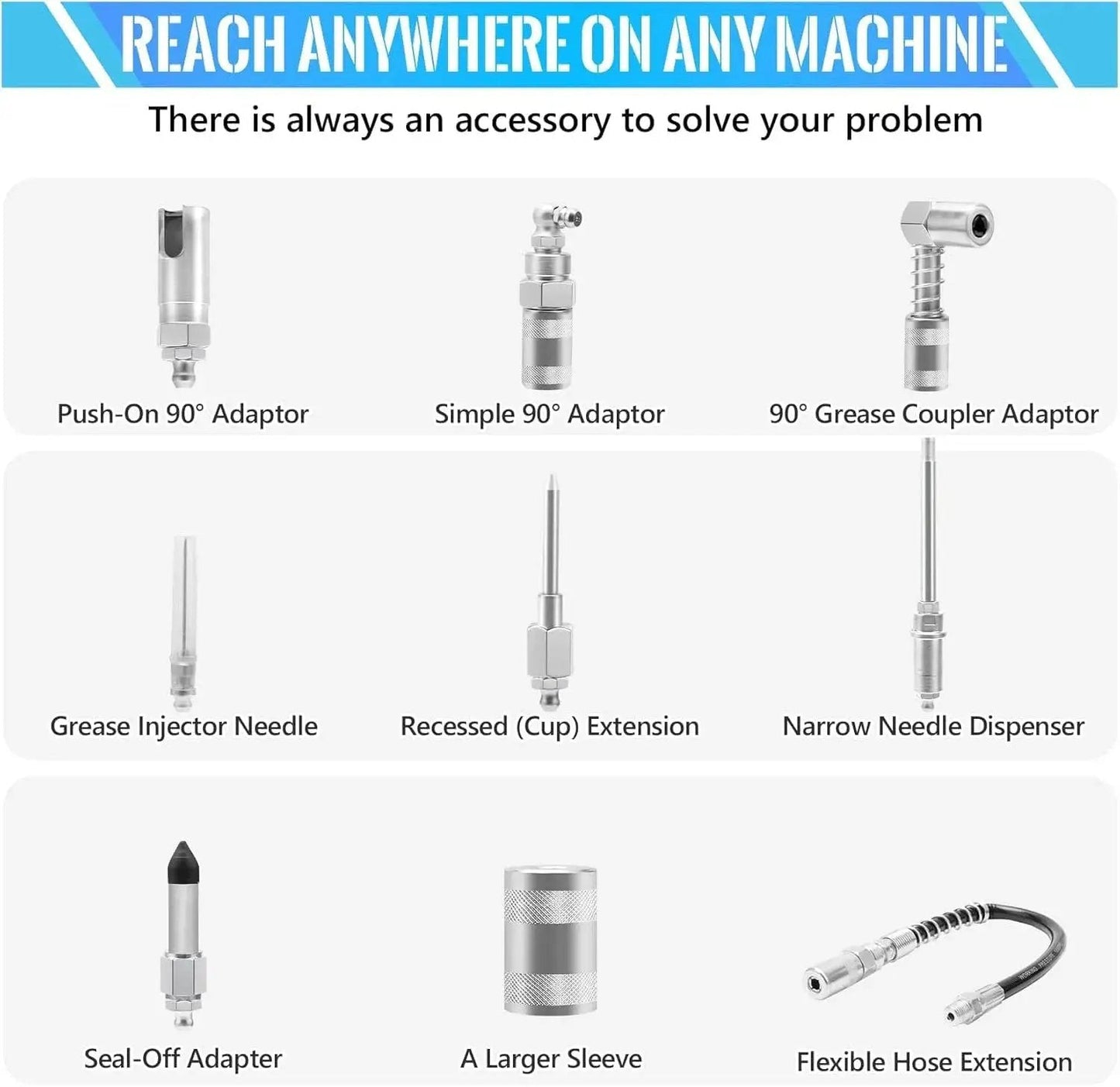Grease Gun Coupler Kit With 9 Pieces Quick Connect Greasing Accessories 12 Inch Flex Hose And Roll Up Case parts overview