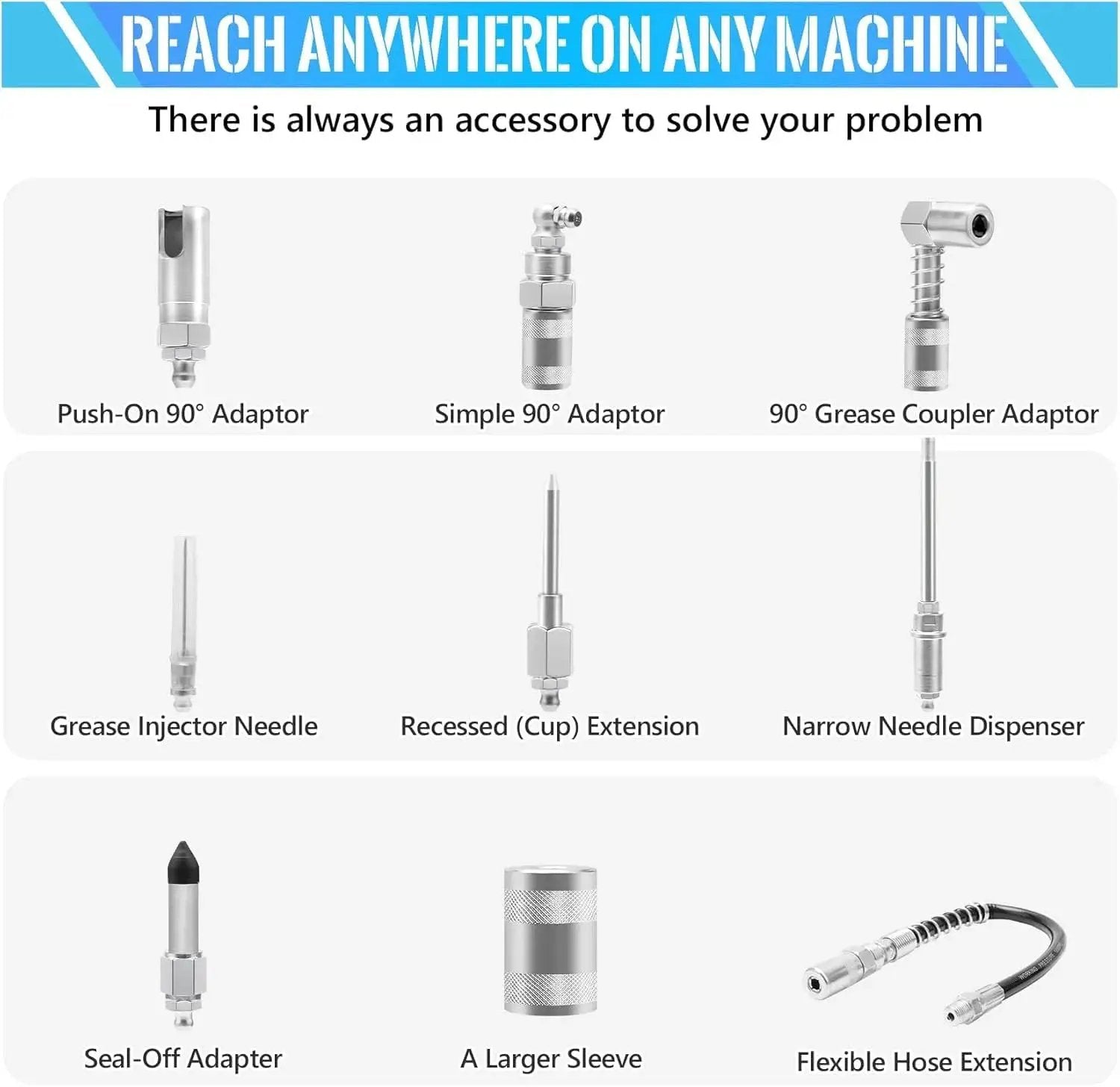 Grease Gun Coupler Kit With 9 Pieces Quick Connect Greasing Accessories 12 Inch Flex Hose And Roll Up Case parts overview