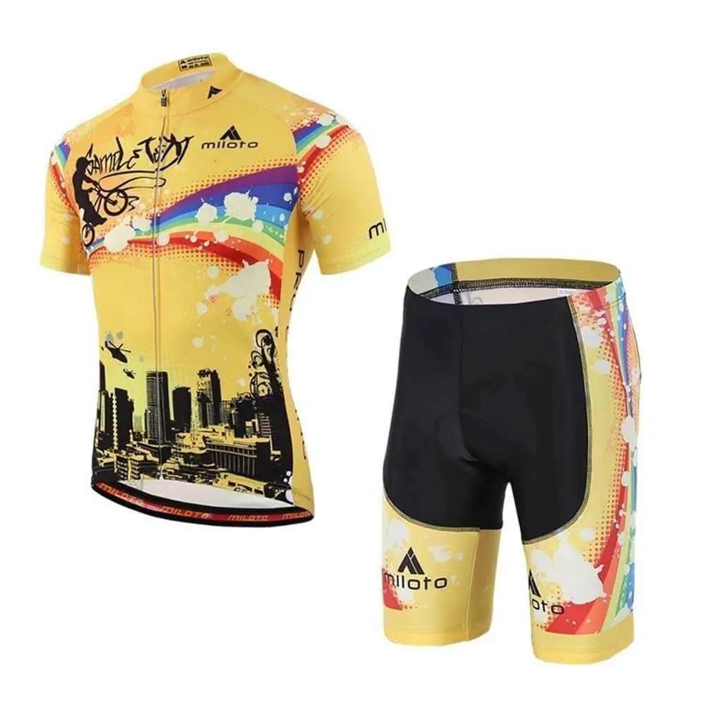 Yellow cycling jersey and shorts set with colorful cityscape design and black accents featuring Miloto logo.