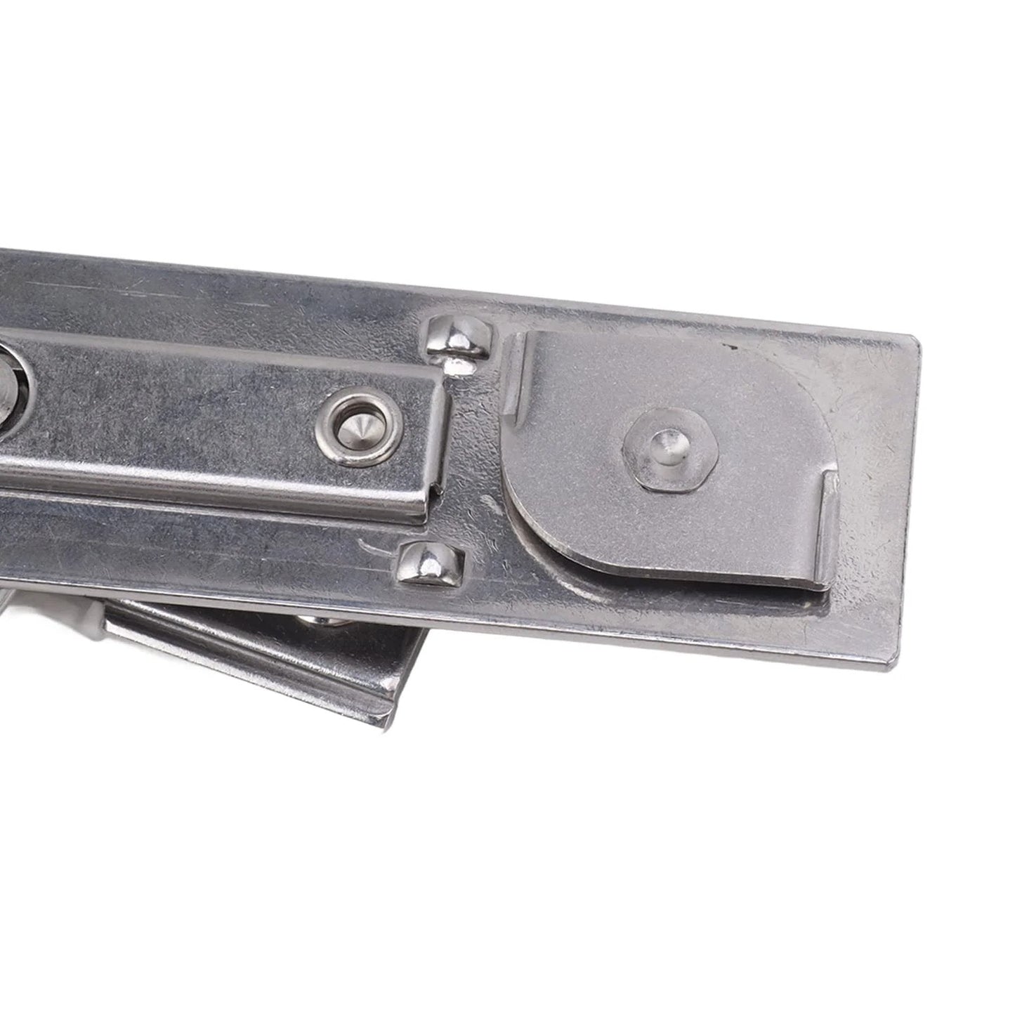 Close-up of a stainless steel casement window hinge with friction stay and ventilation limiter for replacement parts