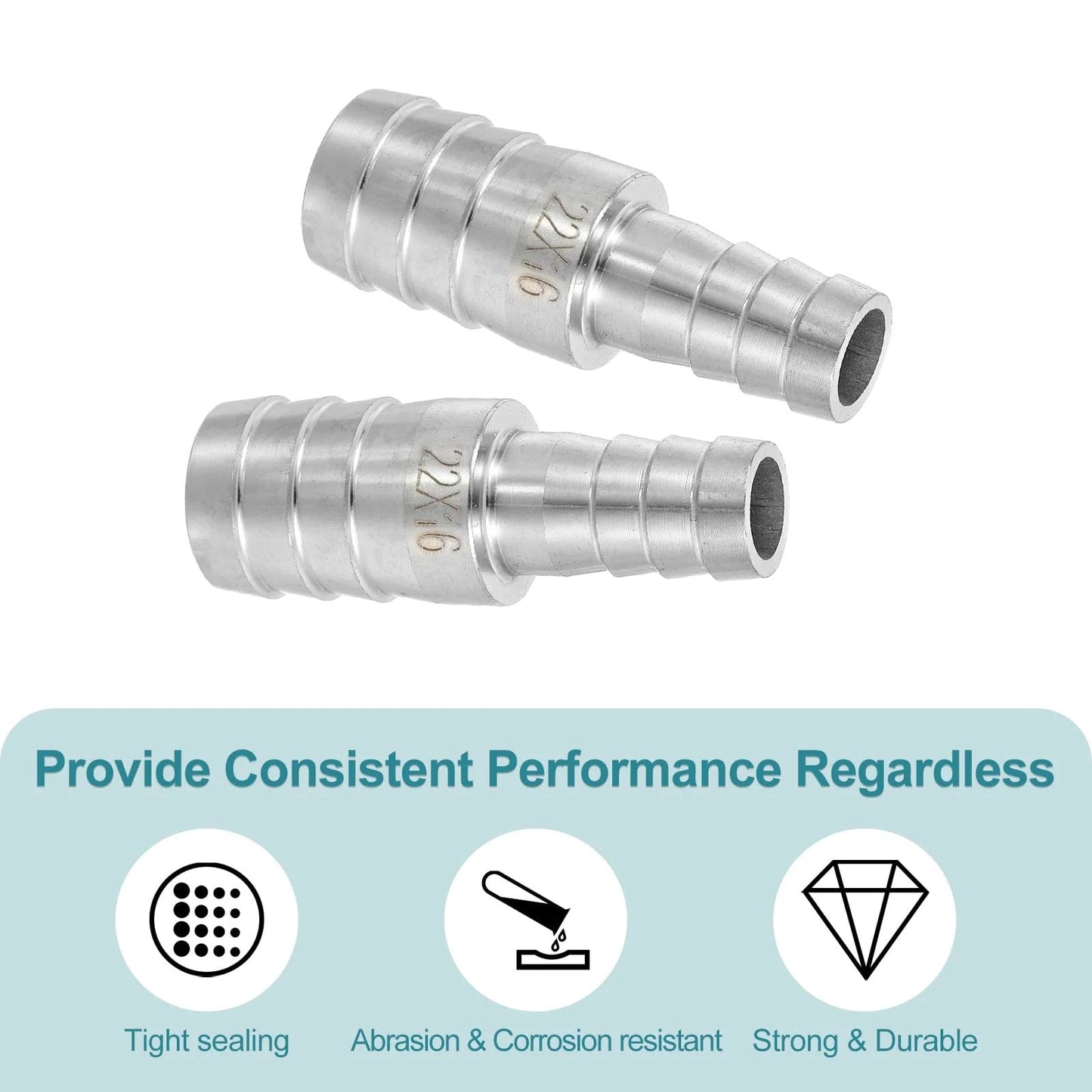 Two stainless steel hose barb reducer fittings for vacuum systems; Stainless Steel Hose Barb Reducer Fittings Kit Two Pack Seven Eighths Inch To Five Eighths Inch 304 Stainless Sanitary Adapter For Vacuum Systems And Industrial Pipe Connections