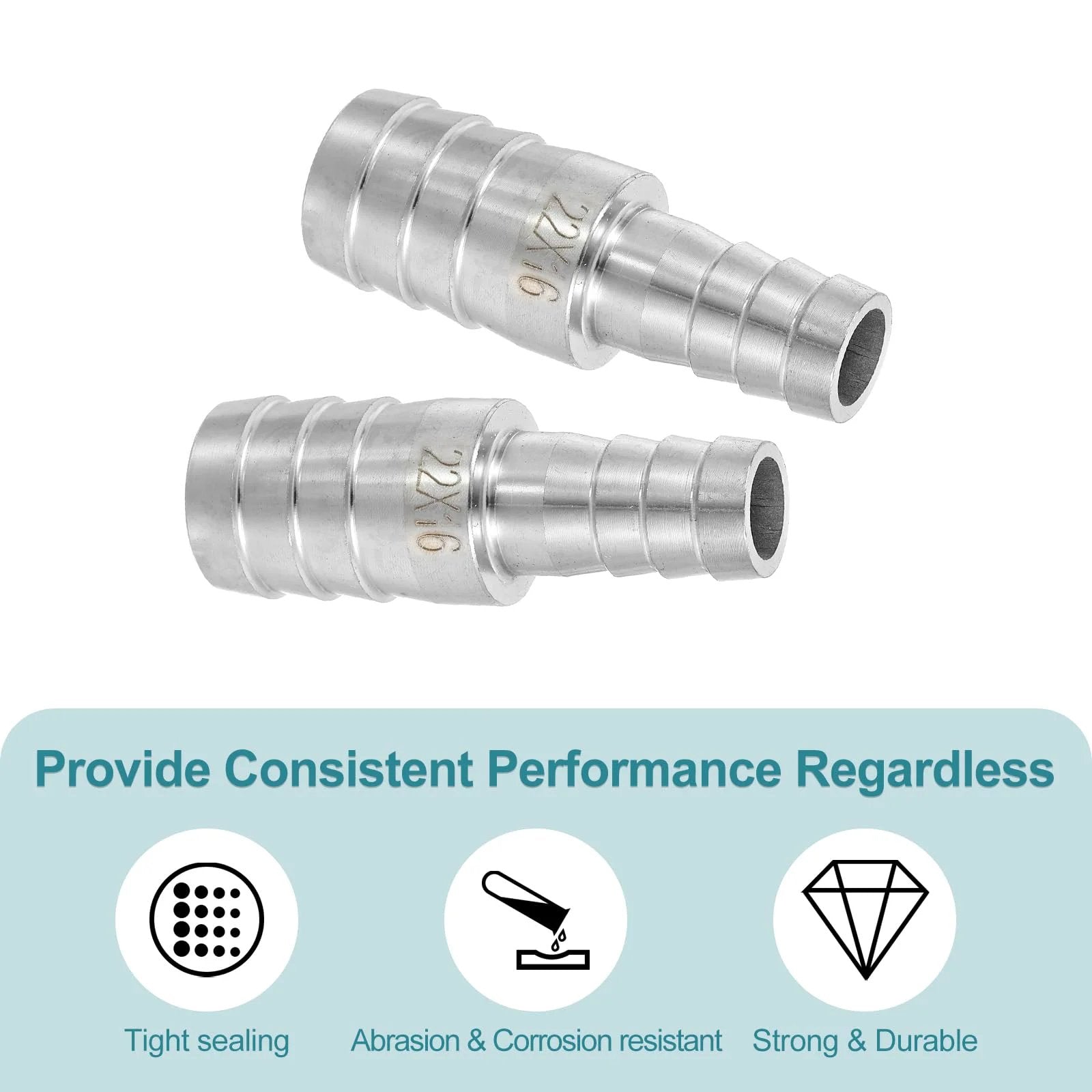 Two stainless steel hose barb reducer fittings for vacuum systems; Stainless Steel Hose Barb Reducer Fittings Kit Two Pack Seven Eighths Inch To Five Eighths Inch 304 Stainless Sanitary Adapter For Vacuum Systems And Industrial Pipe Connections