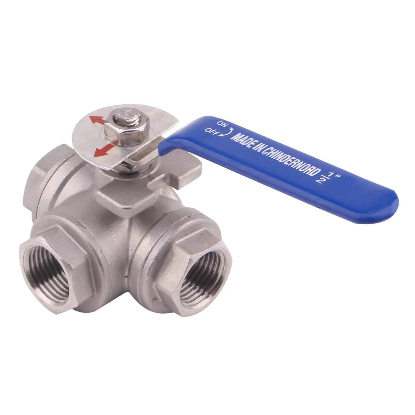 3-Way Ball Valve With L Mounting Pad 1/2 Inch NPT Stainless Steel 304 Female For Water Oil And Gas 1000 PSI Max -20F To 410F Vinyl Locking Handle Threaded Disassembly DERNORD