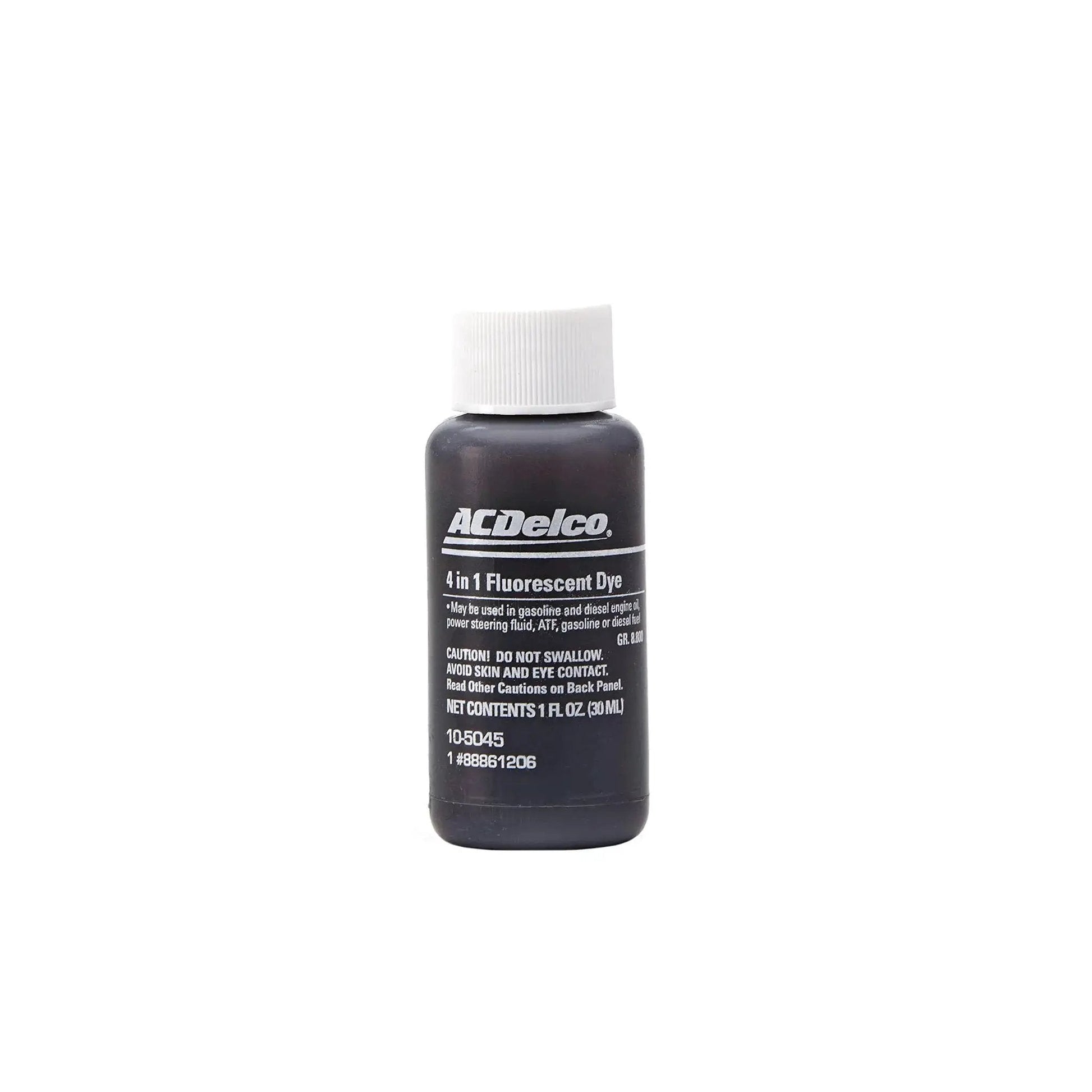 Front view of 1 oz bottle of Multi Purpose Fluorescent Leak Detection Dye by ACDelco GM Original Equipment with label visible.