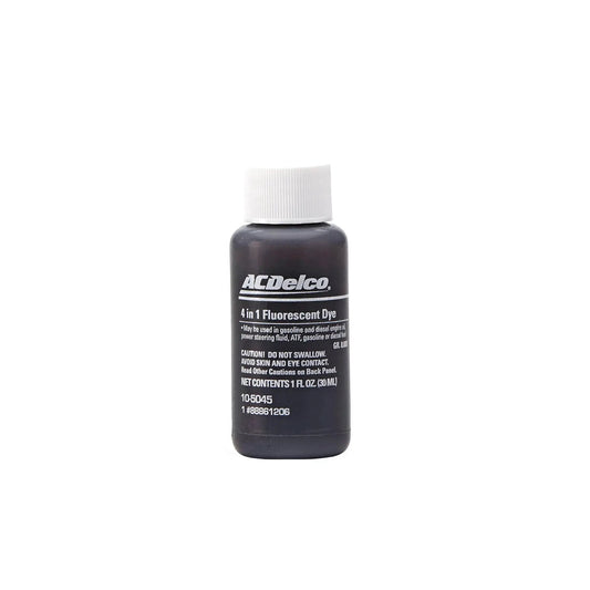 Front view of 1 oz bottle of Multi Purpose Fluorescent Leak Detection Dye by ACDelco GM Original Equipment with label visible.