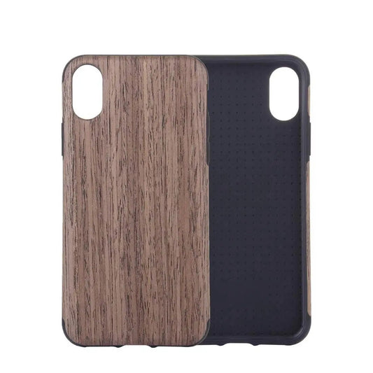 Wood grain phone case for iPhone, dual-layer protection, front and back view showing smooth texture and sleek design.