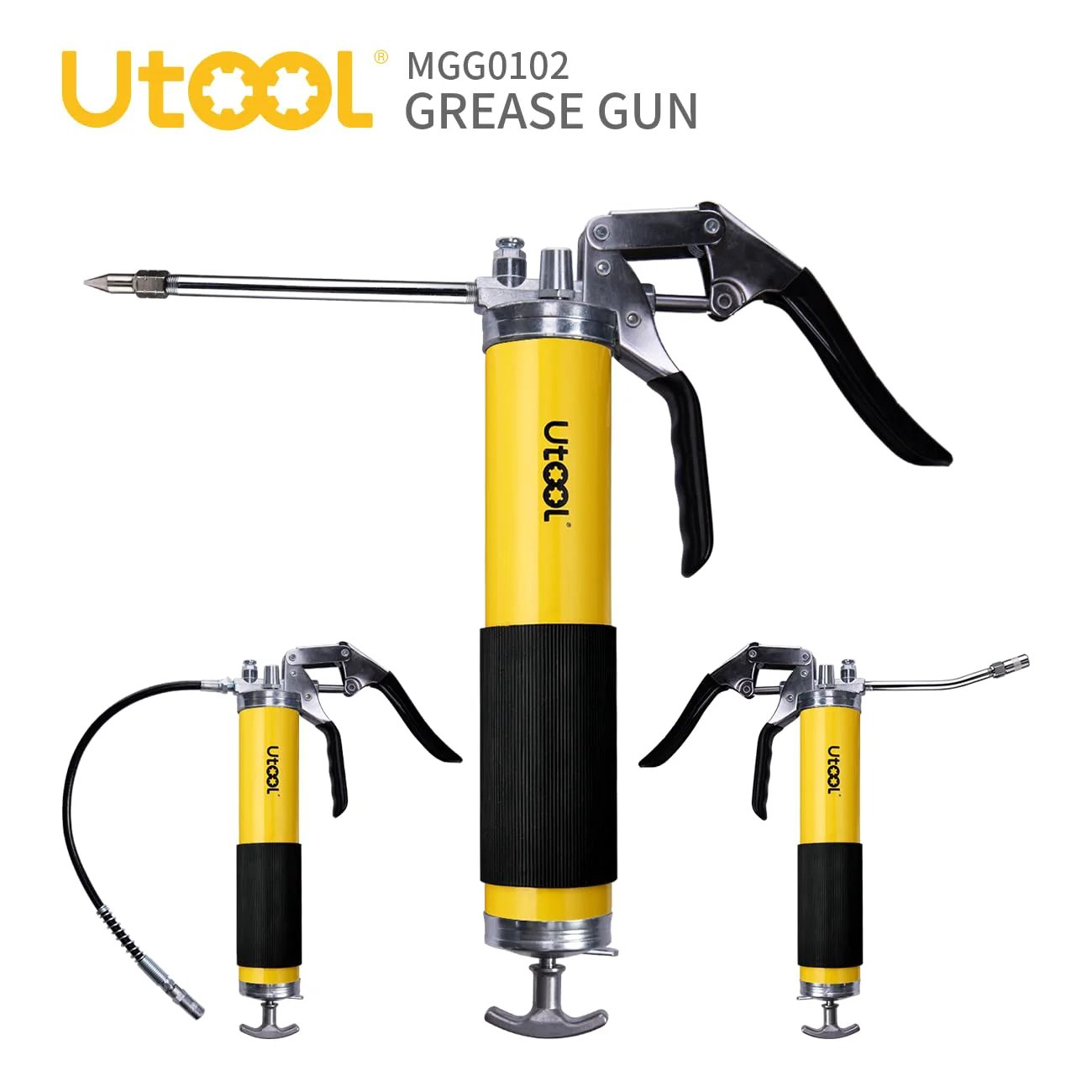 Beefy 8000 PSI Grease Gun Kit with Pistol Grip and 14 oz Capacity, features yellow barrel, black grip, and pistons shown with hose and nozzle.