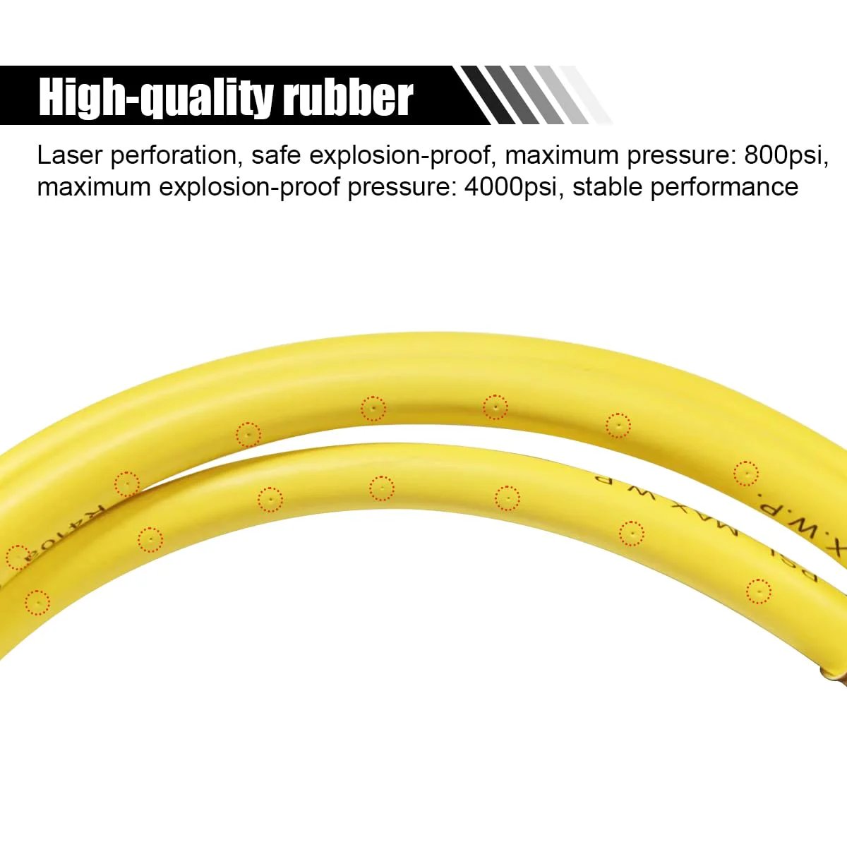 Heavy Duty 60 Inch Refrigerant Charging Hose With 1 Quarter Inch SAE Flare For HVAC Systems, 800 PSI Working Pressure, 3000 PSI Burst, Durable Brass And Rubber Construction, Ideal For R134A R410A And R22 shown close-up with yellow rubber detailing.