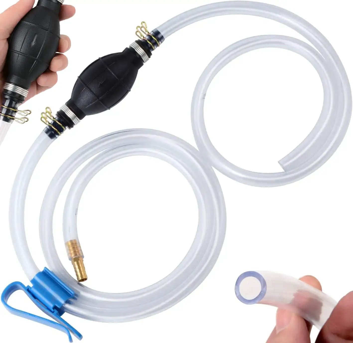 Fast Start Siphon Pump For Gasoline Diesel Transfer, Manual Hand Pump with two durable PVC hoses and brass fittings.