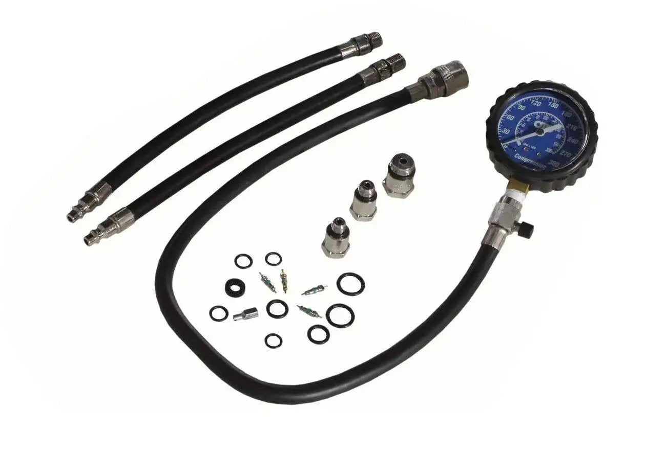 Engine Compression Tester Kit with 14mm Flex Probes and 10 12 18mm Adapters, includes gauge, hoses, adapters, and accessories