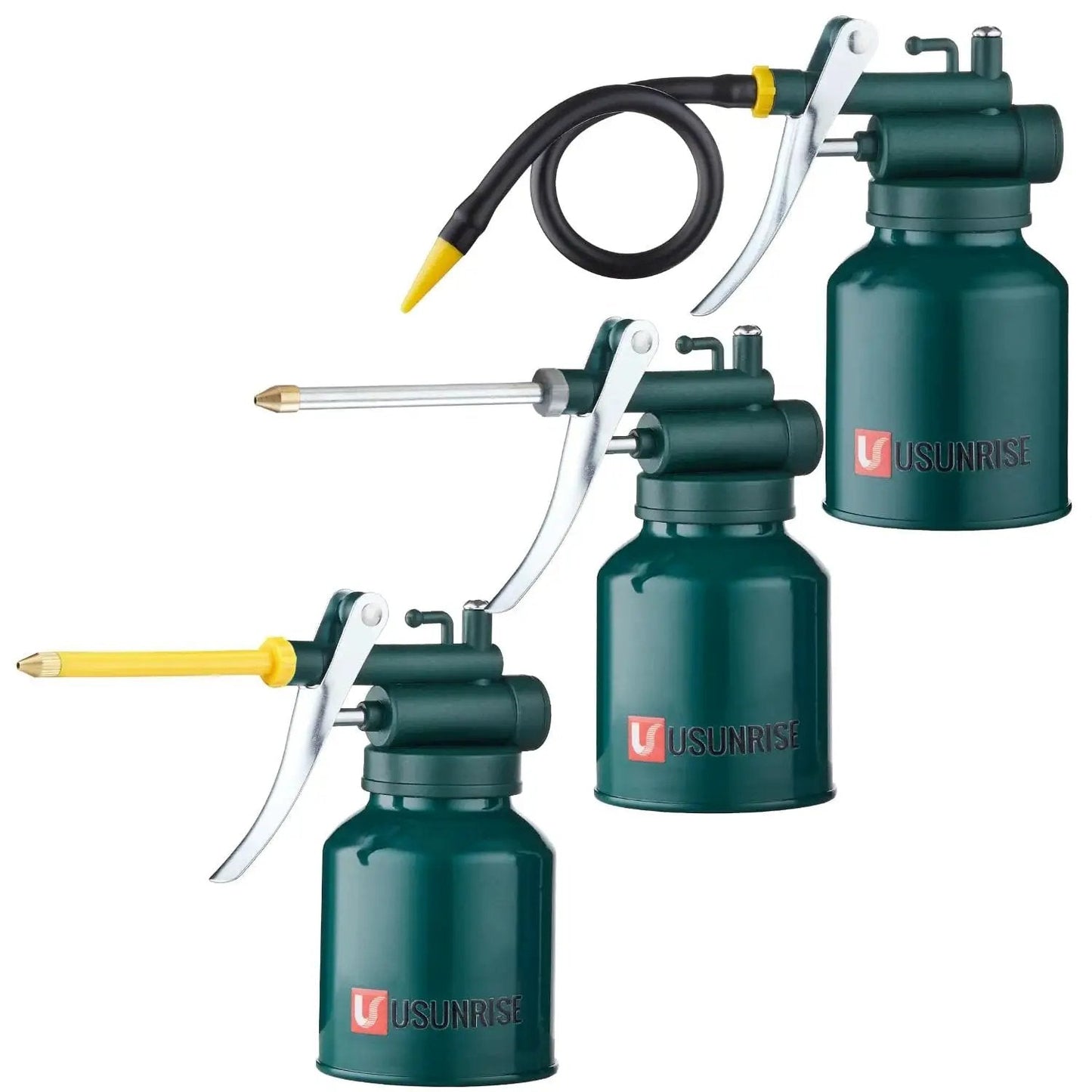 Green Metal Oil Can Set With Two Complete Sets Of Spouts For Precision Oiling Of Machinery And Automotive Parts Includes A 9 Inch Flexible Spout And 3 Inch Straight Spouts One Yellow Spout Zinc Plated Nozzles And A Durable Epoxy Finish displayed on white background.