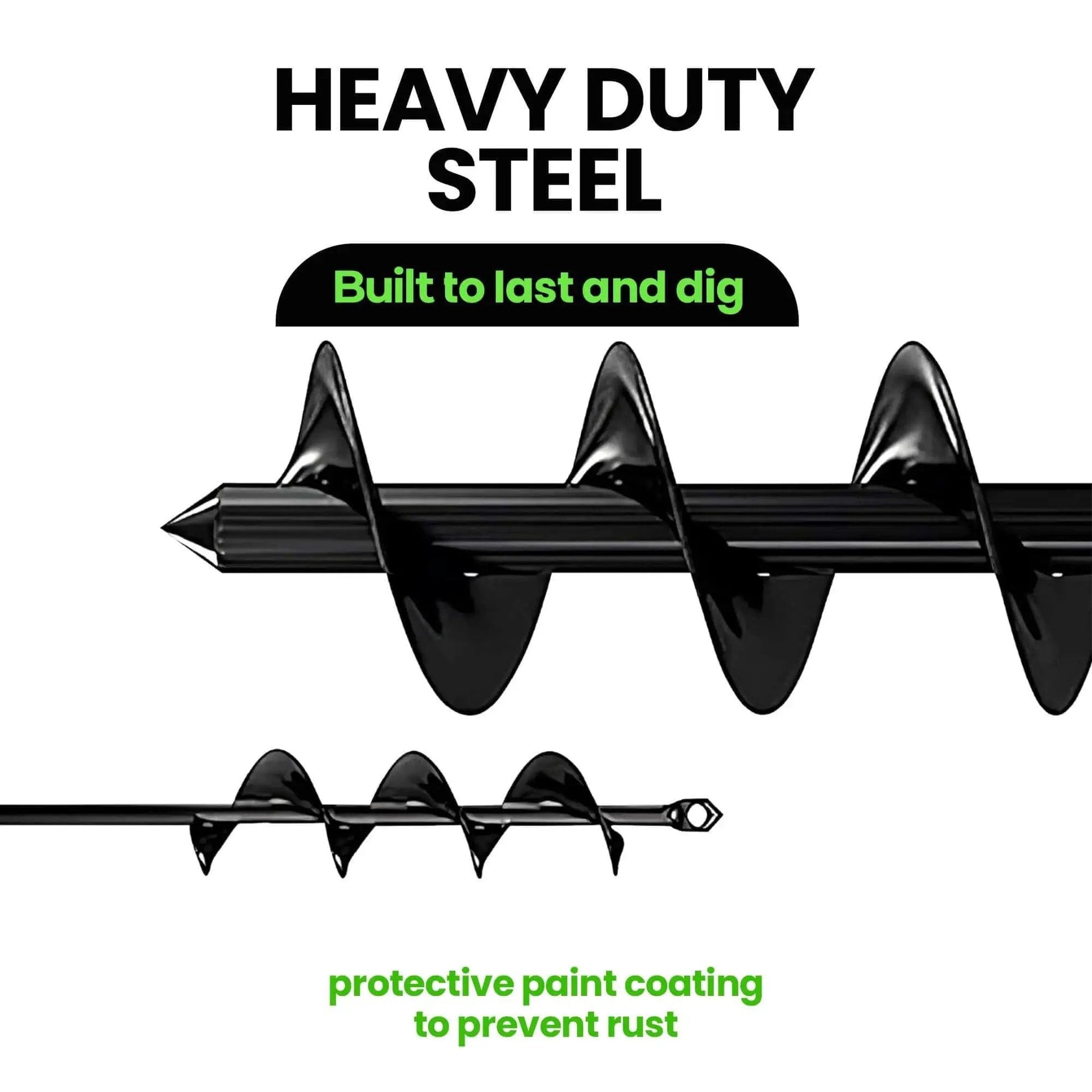 No Fuss Planting Auger Drill Bit Set For Bulbs And Garden Holes 1.6 By 16 Inch And 3.5 By 16 Inch Two Pack Spiral Hole Digger For Umbrella Hole Prep Compatible With Three Eighth Inch Hex Drive K-Brands, showing black spiral auger bits with protective paint coating.