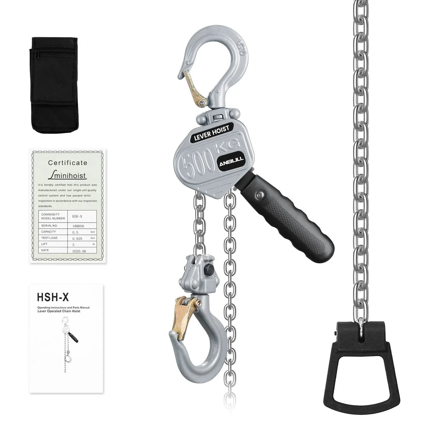 Mini Lever Chain Hoist 1100Lbs 0.5T With 10 Ft Lift Aluminum Alloy Come Along G80 Chain with storage bag and certificate
