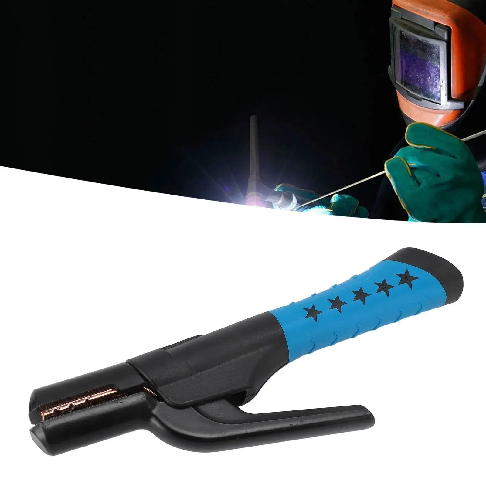 Multi Angle Welding Electrode Holder With Insulated Handle 501A Clamp displayed with copper construction and star design.