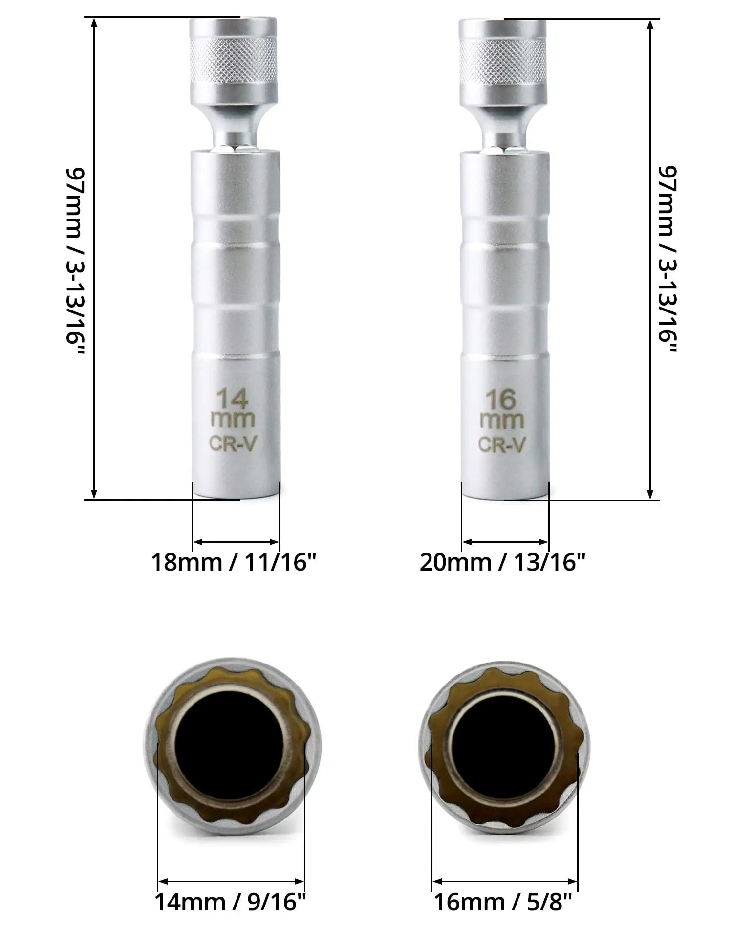 Magnetic Swivel Spark Plug Socket 14mm and 16mm Go To Thin Wall Three Eighths Inch Drive 12 Point Chrome Vanadium Steel 360 Degree Rotation
