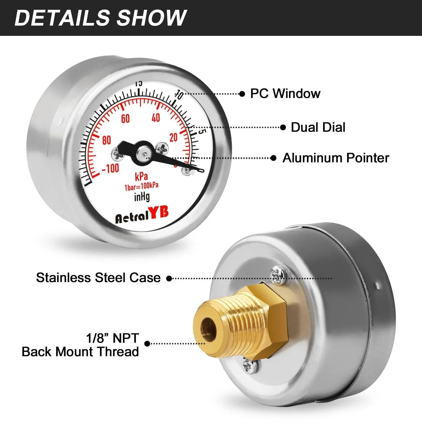 Tiny But Mighty Mini Vacuum Pressure Gauge With 1.2 Inch Dial Dual Imperial And Metric Scales, Stainless Steel Housing, Brass Internals, Back Mount