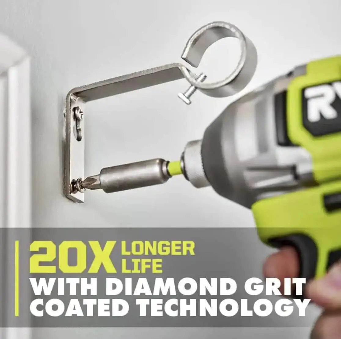 Close-up of power tool using 200 Piece Drill And Impact Drive Set Ryobi With Diamond Grit Bits For Longer Life and Stronger Grip.