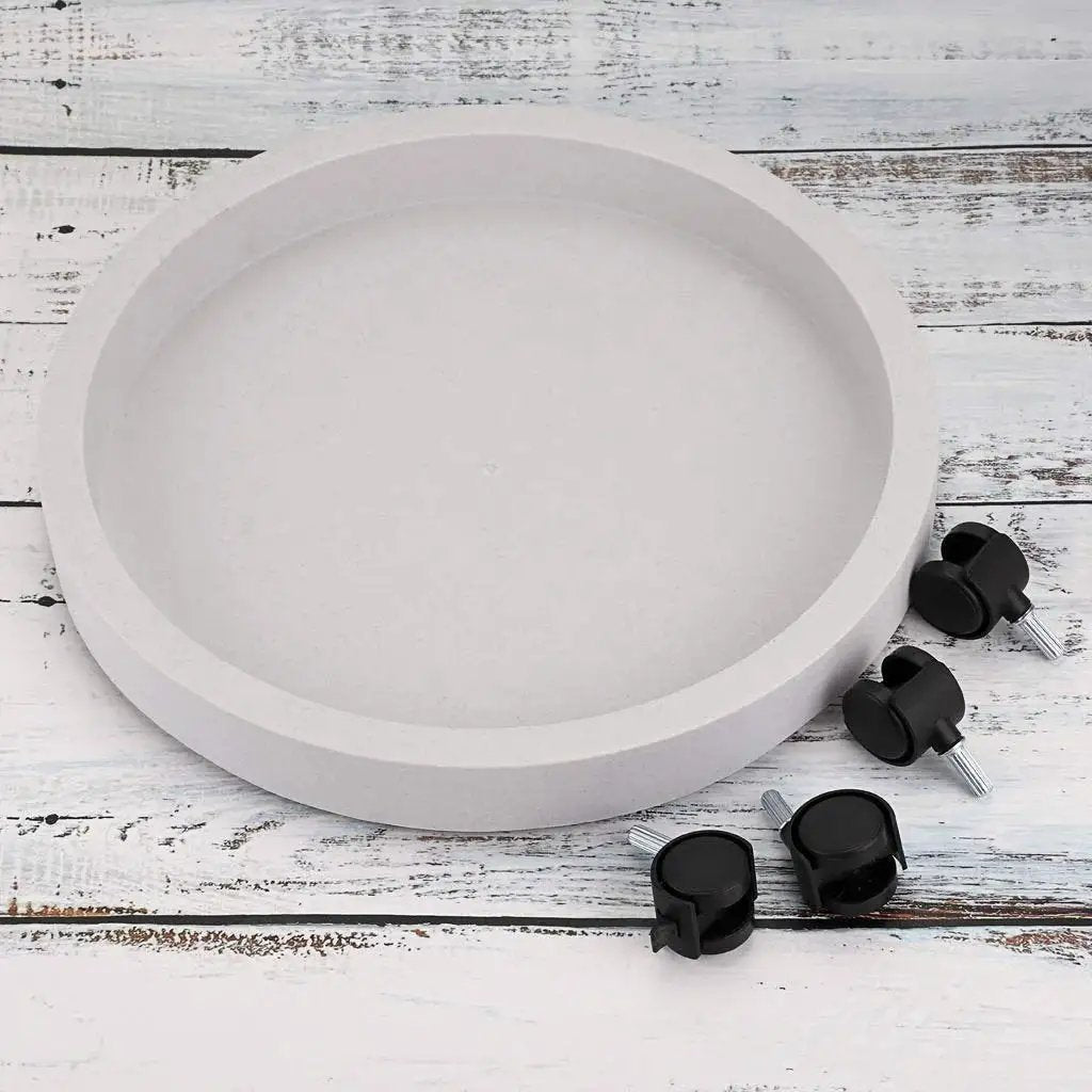 13 Inch Plant Caddy With Four Wheels For Heavy Planters And Deck Use, durable PP resin base and black wheels on a wooden surface