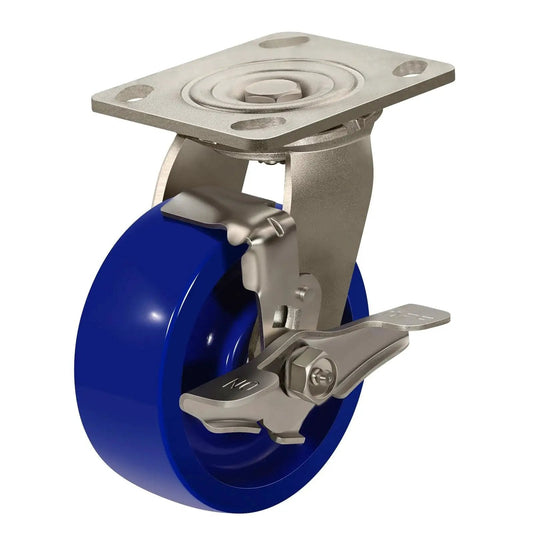 Stainless Steel 5 Inch Heavy Duty Caster Wheels With Anti Corrosion Rust Proof Design Blue Solid Polyurethane Wheel Built To Last Industrial Caster With 1000 Lb Capacity Per Caster Ideal For Food Processing And Pharmaceutical Labs One Brake Included