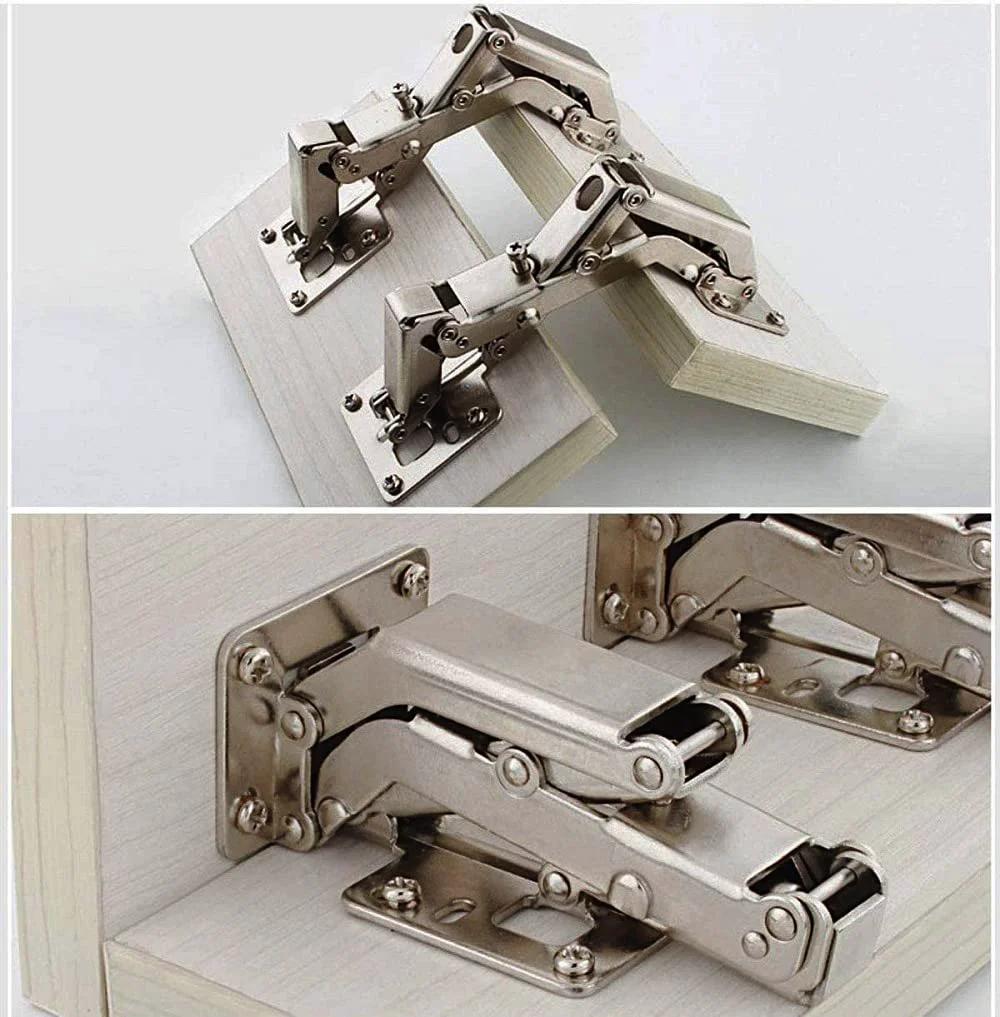 Frameless cabinet hinges with hidden hydraulic soft close, adjustable 130-170°, stainless steel, nickel finish, 1 pair shown installed.