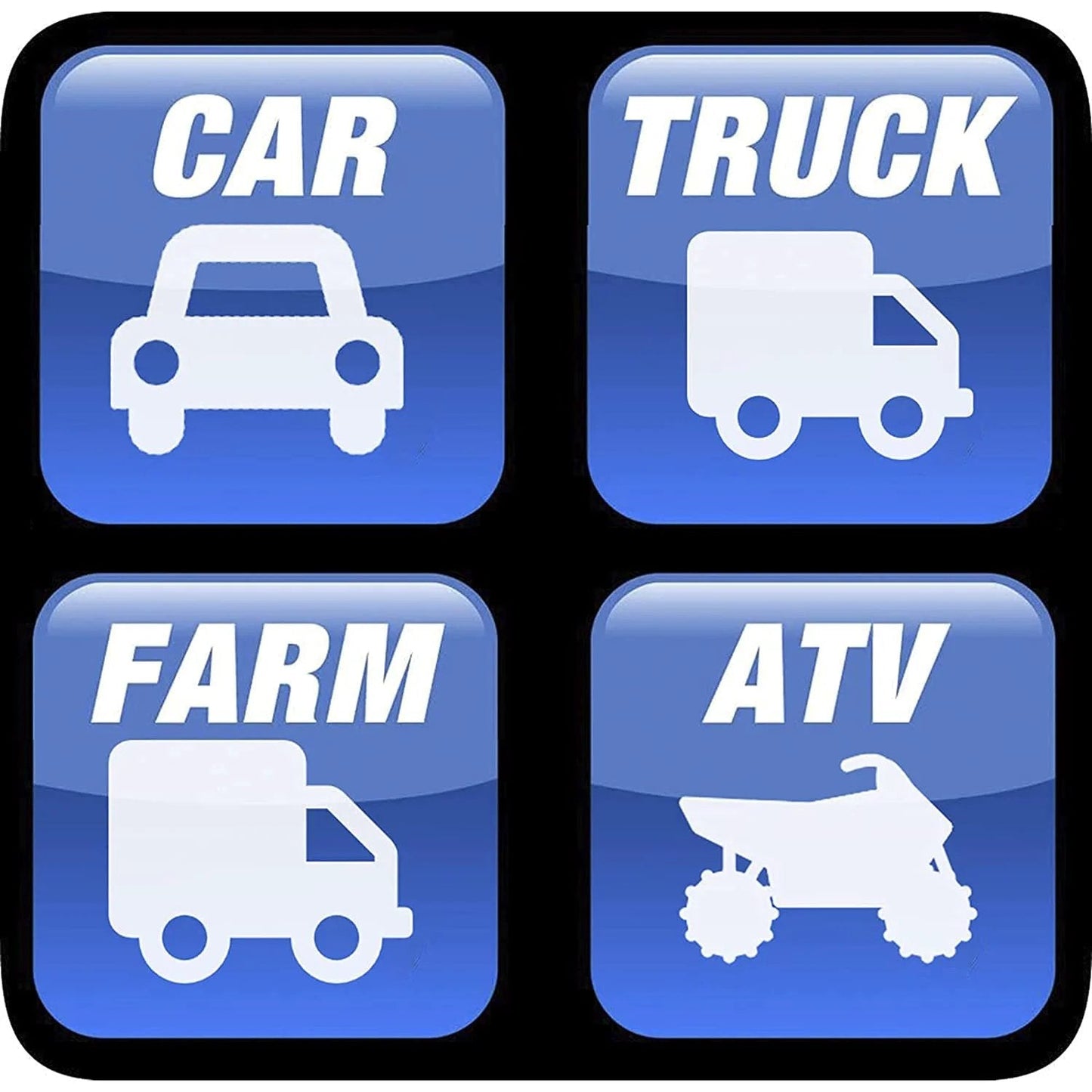 Four icons displaying vehicles: car, truck, farm vehicle, and ATV, each labeled accordingly on a blue background.
