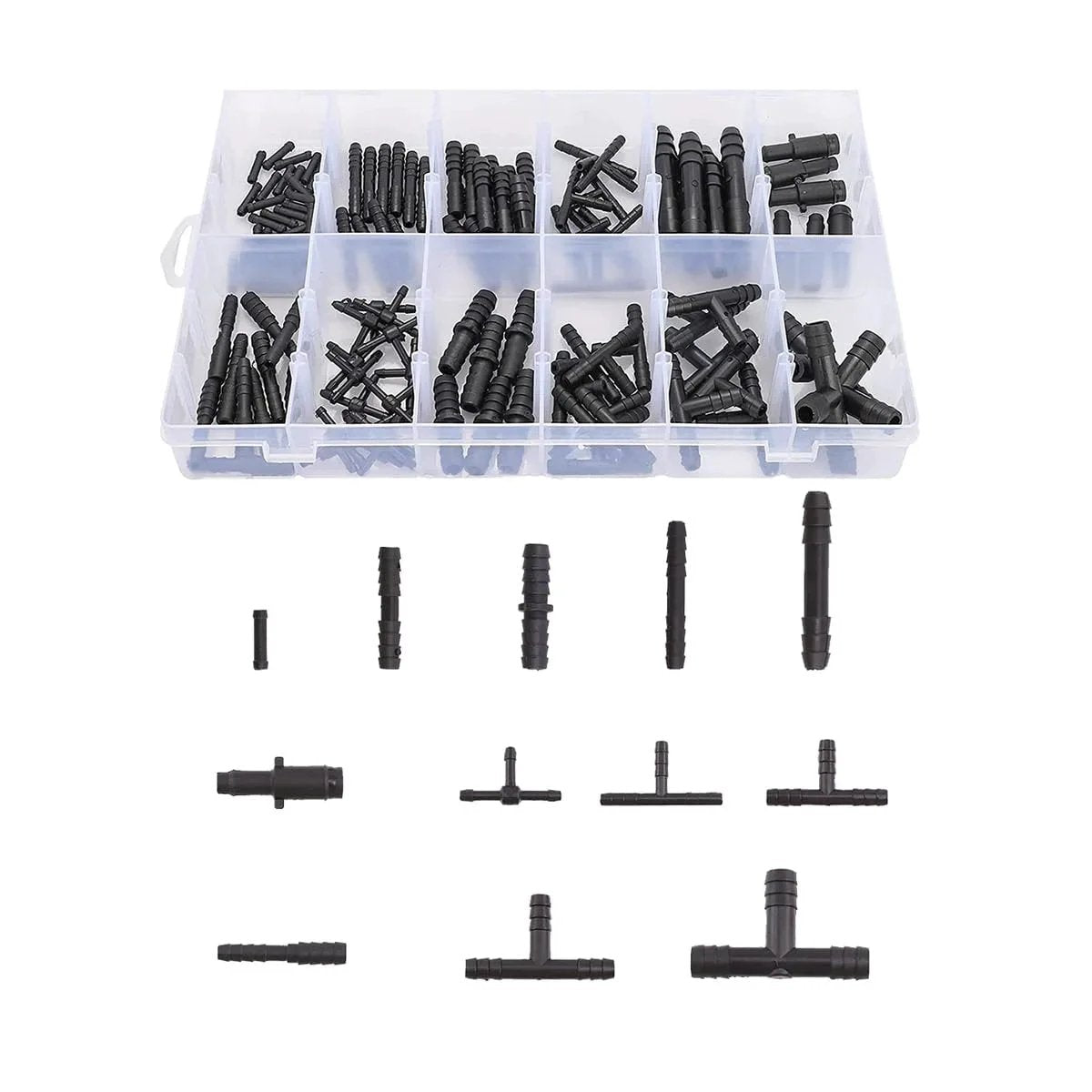 Ultimate Vacuum Connector Kit With Nylon Barbed Fittings 113 Piece Assortment including hose tees, reducers, and connectors in box.