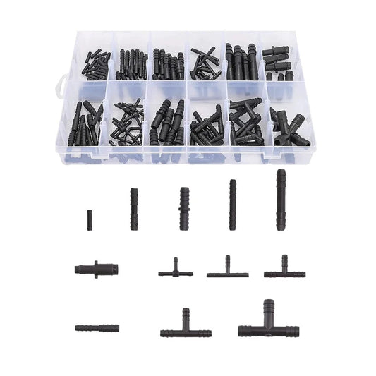 Ultimate Vacuum Connector Kit With Nylon Barbed Fittings 113 Piece Assortment including hose tees, reducers, and connectors in box.