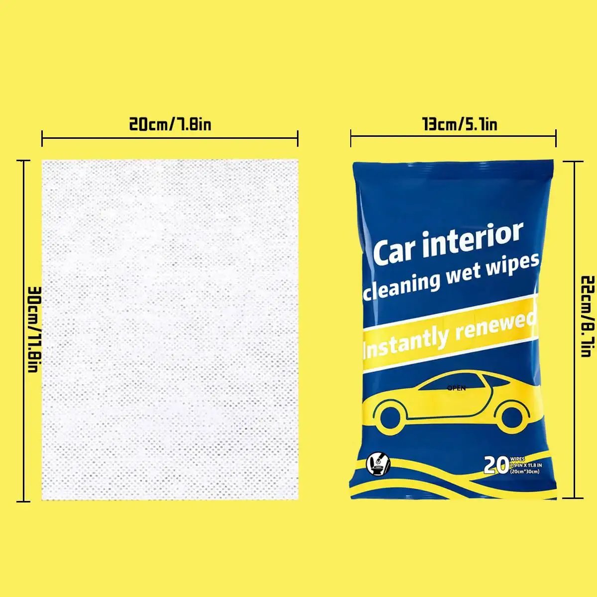 Plant Based Car Interior Cleaning Wipes Multi Surface Cloths Super Absorbent package and cloth dimensions