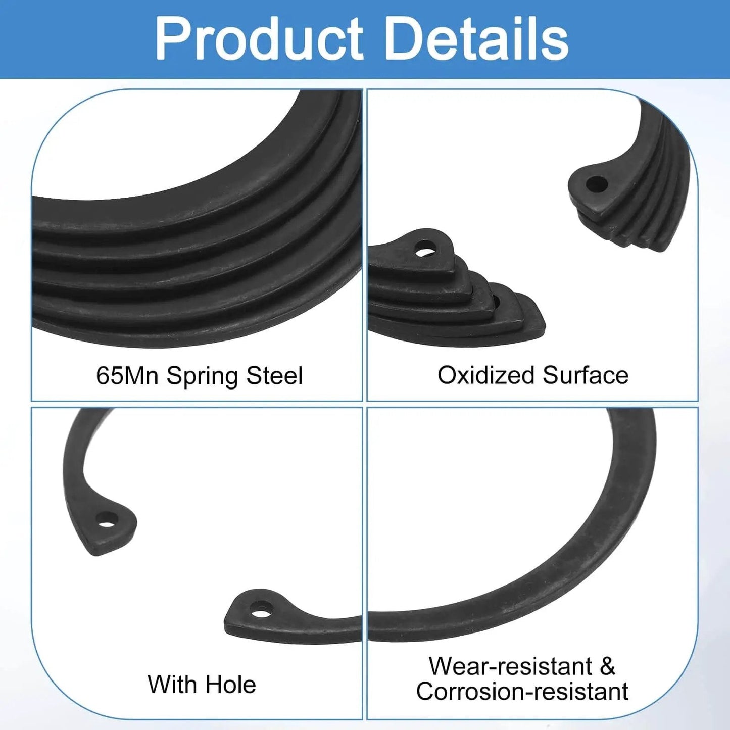 Close-up of Five Pack Internal Retaining Ring Circlips for Grooved Shafts and Studs, 65Mn Spring Steel, black finish, with hole feature