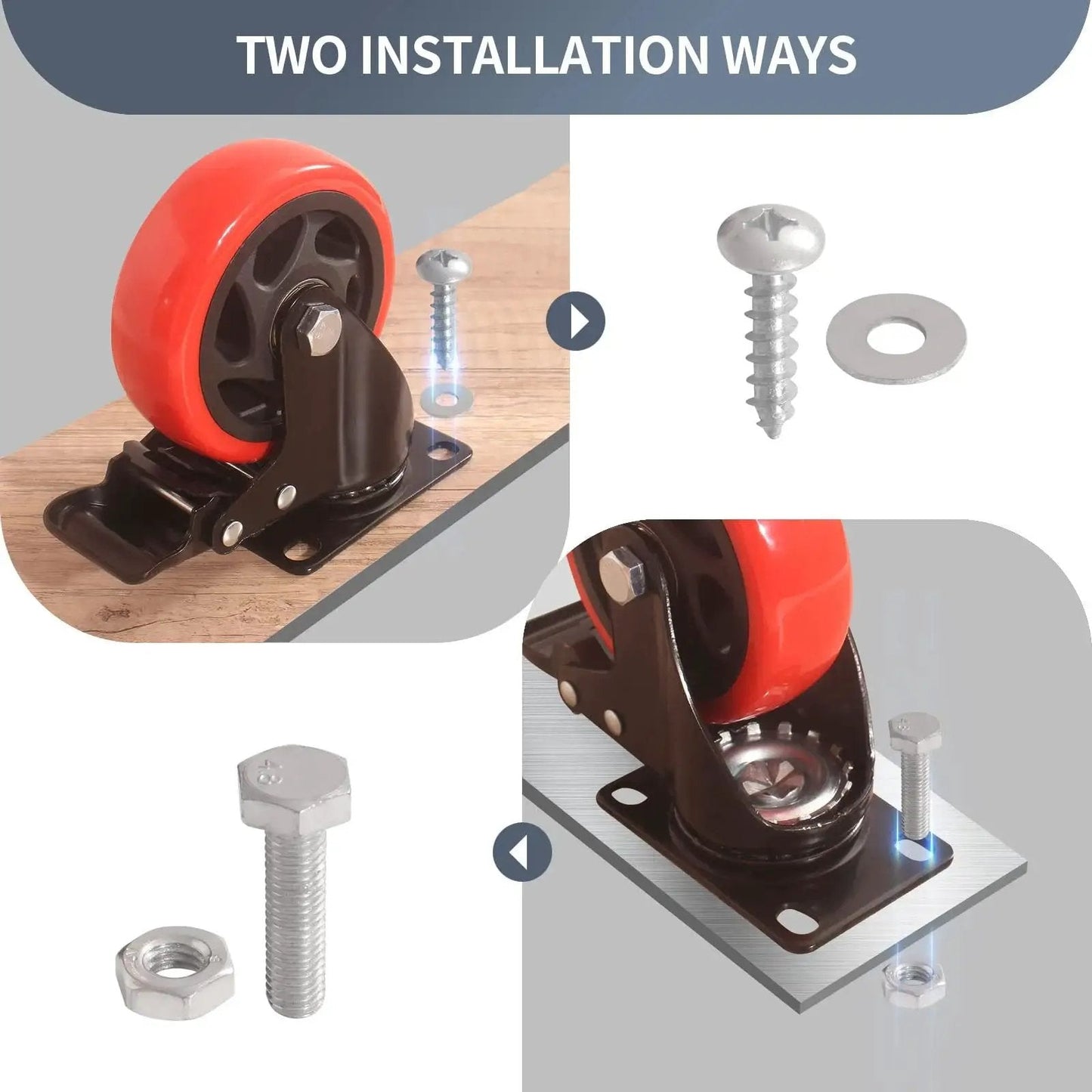Heavy Duty Beefed Up 5 Inch Caster Wheels With Brake Set Of 4 showing two installation ways with screws and bolts.