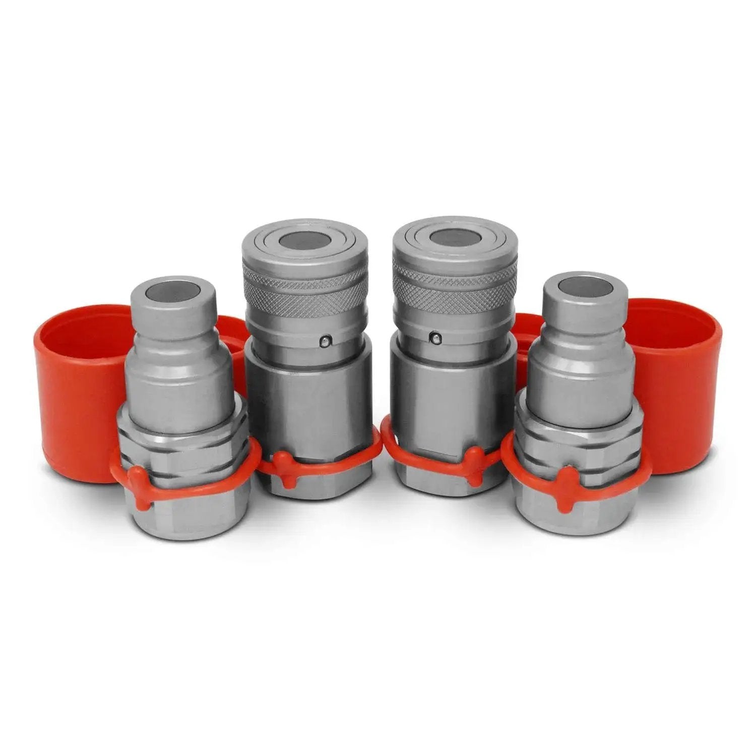 Two Sets No Nonsense Three Quarters Inch SAE Skid Steer Quick Connect Couplers with Red Dust Caps for Bobcat Hydraulics