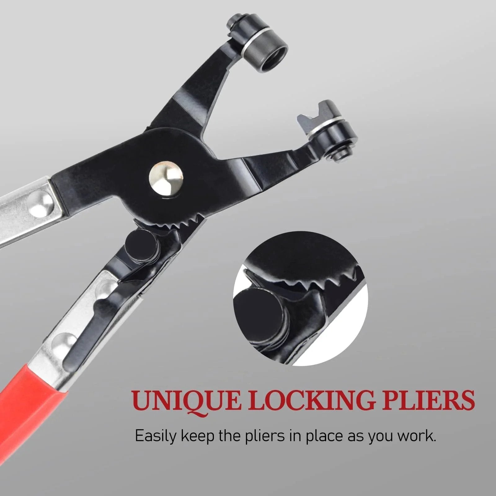 Close-up of hose clamp pliers with locking mechanism, part of 9 Piece Hose Clamp Pliers Set With Flexible Long Reach For Automotive Coolant Radiator Heater And Water Lines Locking Mechanism Carbon Steel With Black Oxide Finish Ergonomic Grip Red Auto Clamp Removal Tool Kit.