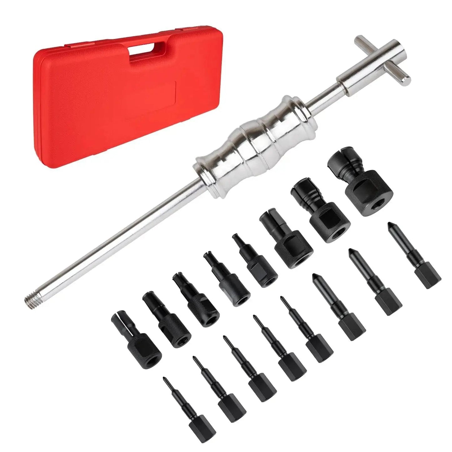 Blind Hole Bearing Puller Set with Slide Hammer and Expandable Collets 8 to 32 Millimeters for Automobiles and Machinery in red case