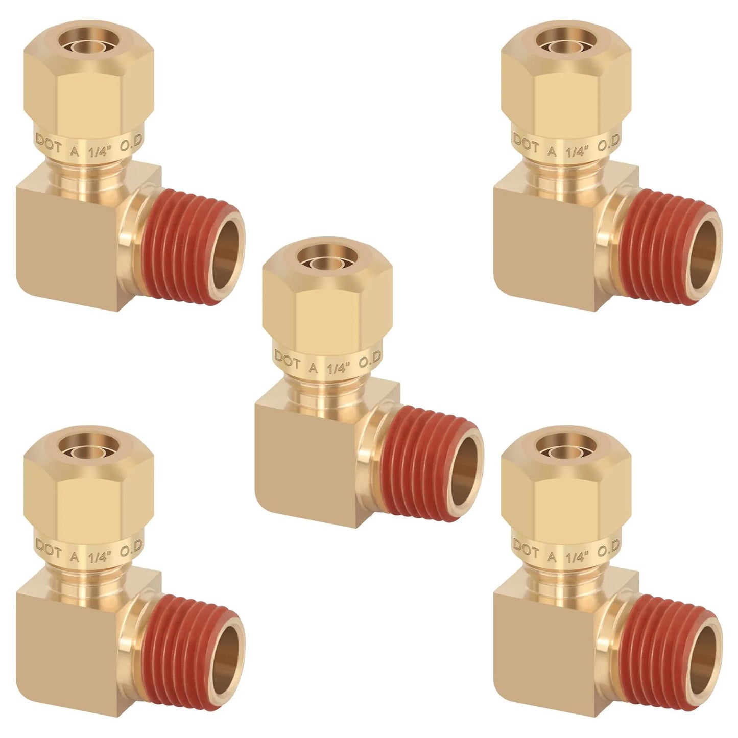 5 Pack DOT Approved Brass 90 Degree Compression Fittings For Air Brake Lines One Quarter Inch Tube OD To One Quarter Inch NPT Thread Union Elbow Adapters For Cars Trucks And Trailers
