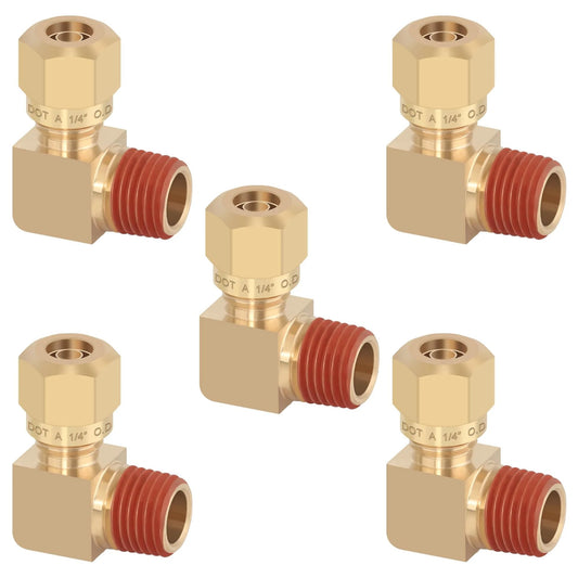 5 Pack DOT Approved Brass 90 Degree Compression Fittings For Air Brake Lines One Quarter Inch Tube OD To One Quarter Inch NPT Thread Union Elbow Adapters For Cars Trucks And Trailers