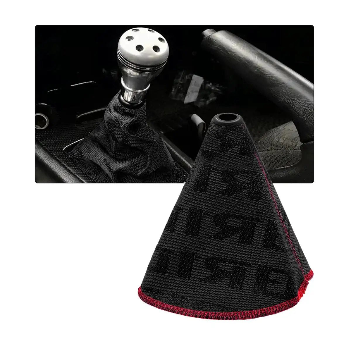 Fabric Car Shift Boot Cover Dustproof Gear Gaiter For Most Vehicles installed on gear shift with close-up view