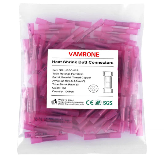 Heat Shrink Butt Wire Connectors, 100 Pack, 22-16 AWG Red Insulated Waterproof Automotive Marine Grade Wire Crimp Terminals package