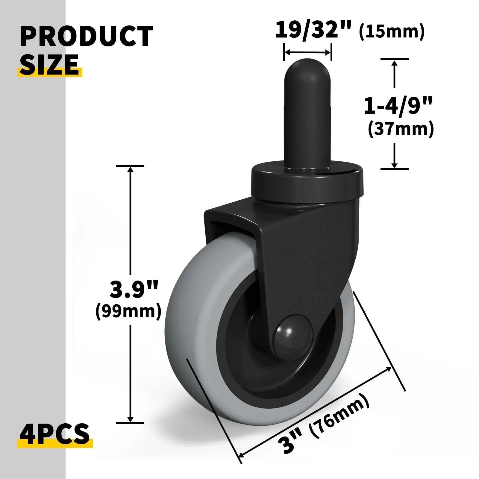 Three Inch Mop Bucket Wheels Replacement Non Marking Thermoplastic Rubber Casters For Rubbermaid WaveBrake Mop Buckets size details