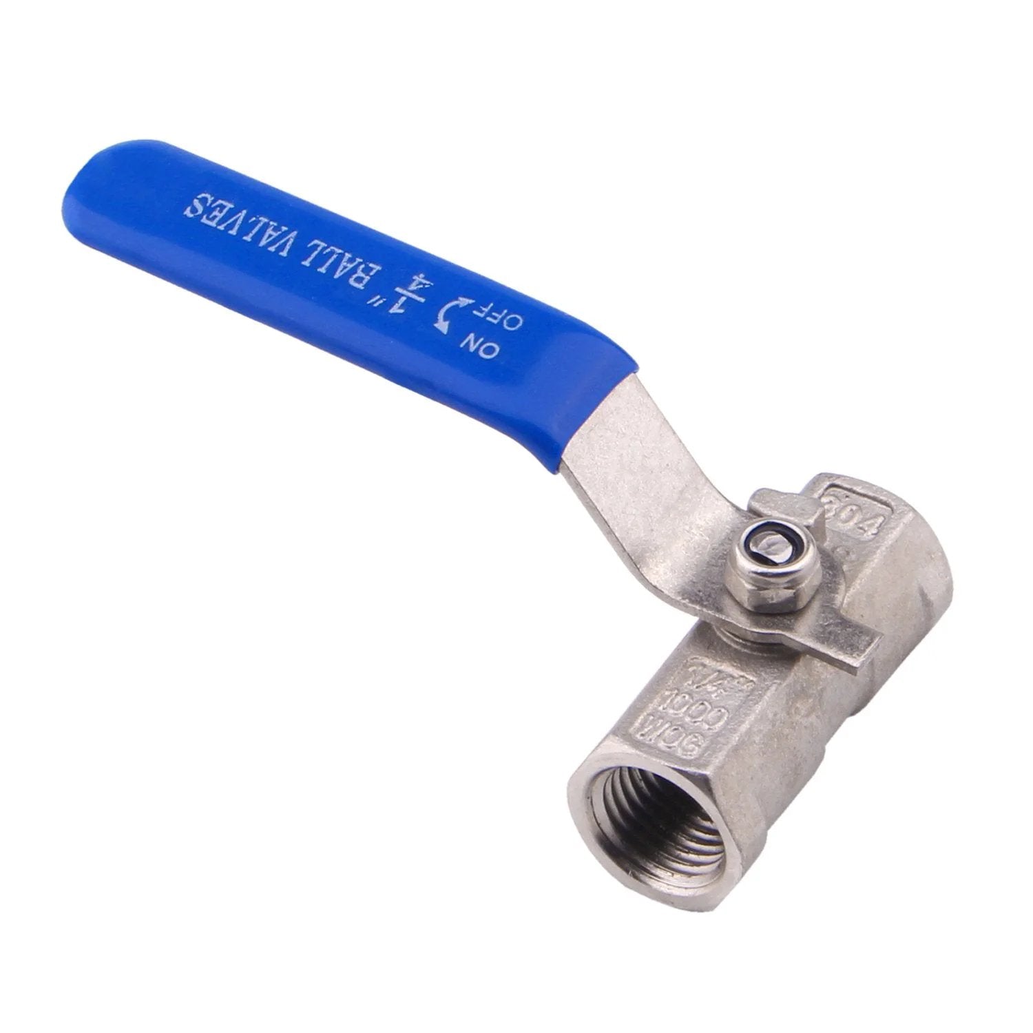 Stainless Steel Ball Valve 1Pc Type 0.25 Inch NPT Standard Port For Water Oil And Gas Pack Of 2, shown with blue handle