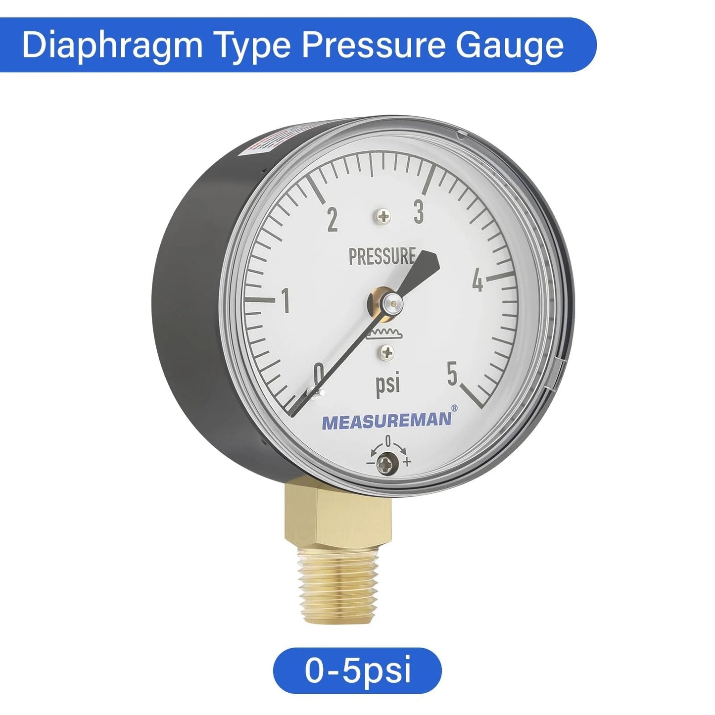 Side view of Low Pressure Capsule Diaphragm Gauge With Adjustable 0 To 5 Psi Range, Two And A Half Inch Dial, Black Steel Case by MeasureMan