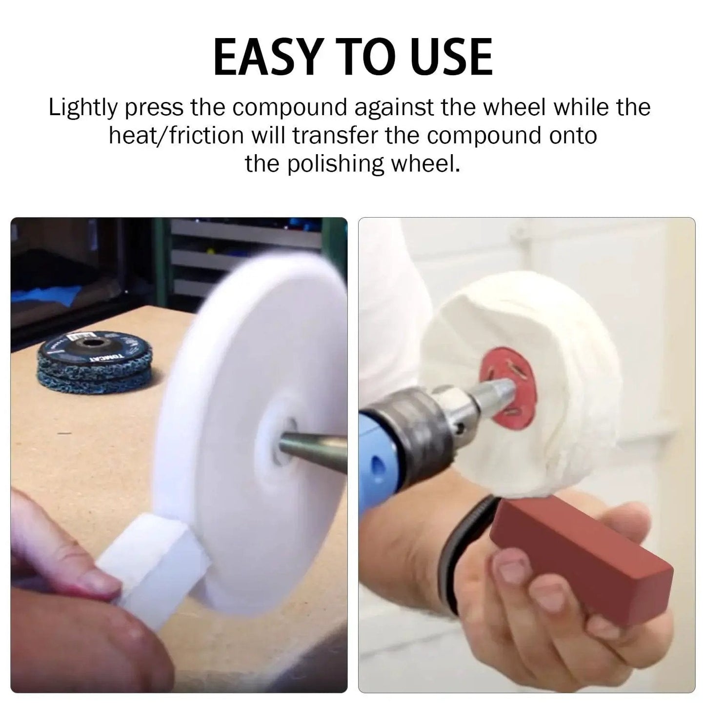 Using Buffing Polishing Compounds Kit 4 Oz Green Fine White Medium Red Coarse 3 Pack on a polishing wheel with friction.