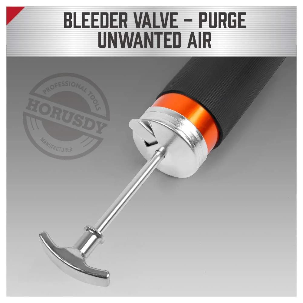 Heavy Duty Grease Gun Kit With 14oz Tubes, 7000 PSI High Pressure showing bleeder valve for purging air, HORUSDY logo visible