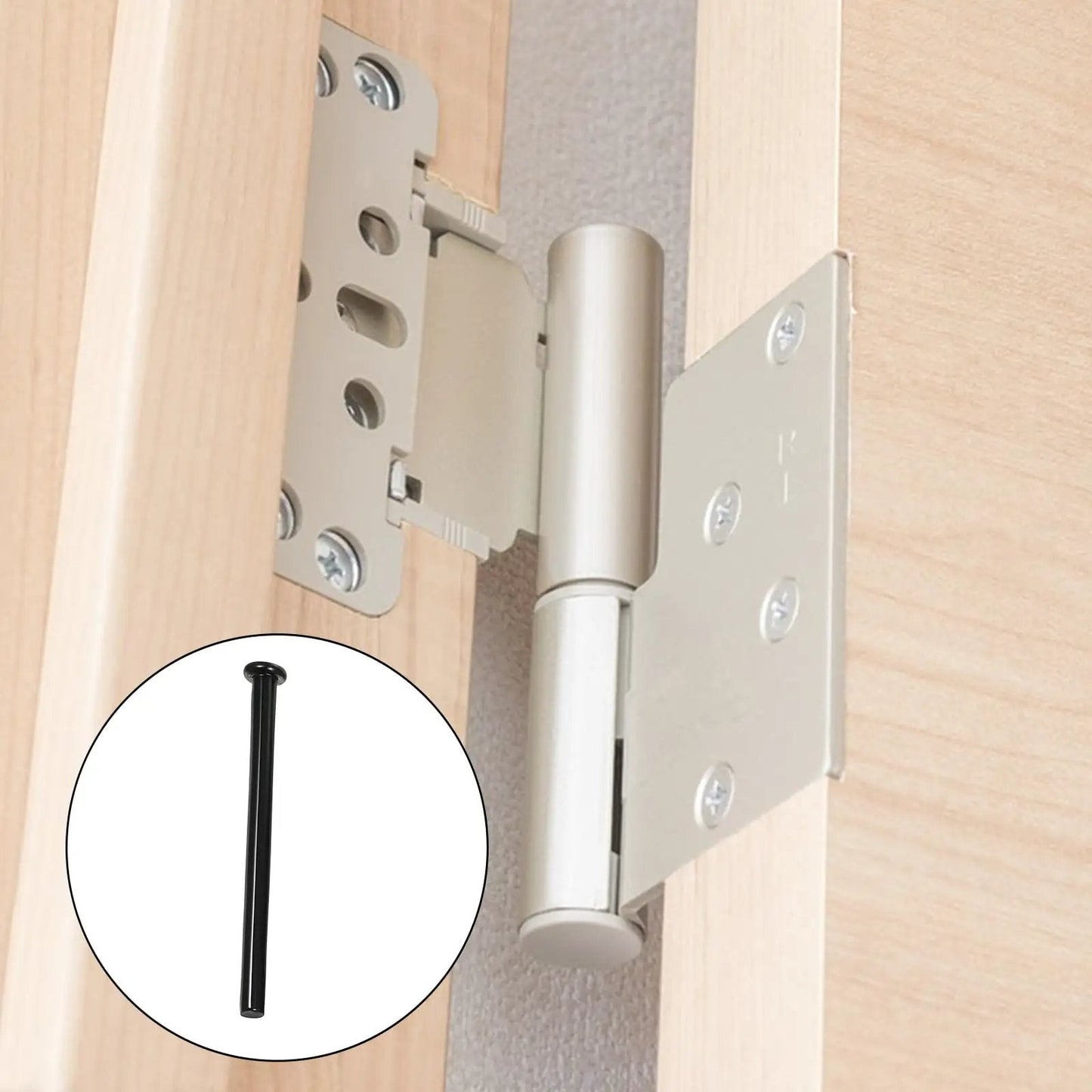 Black Door Hinge Pins 4 Pack 3 Point 5 Inch Replacement Pins For Home Office Kitchen And Interior Doors Slick Quiet Operation Durable And Easy To Install shown with close-up of a pin and installed hinge.