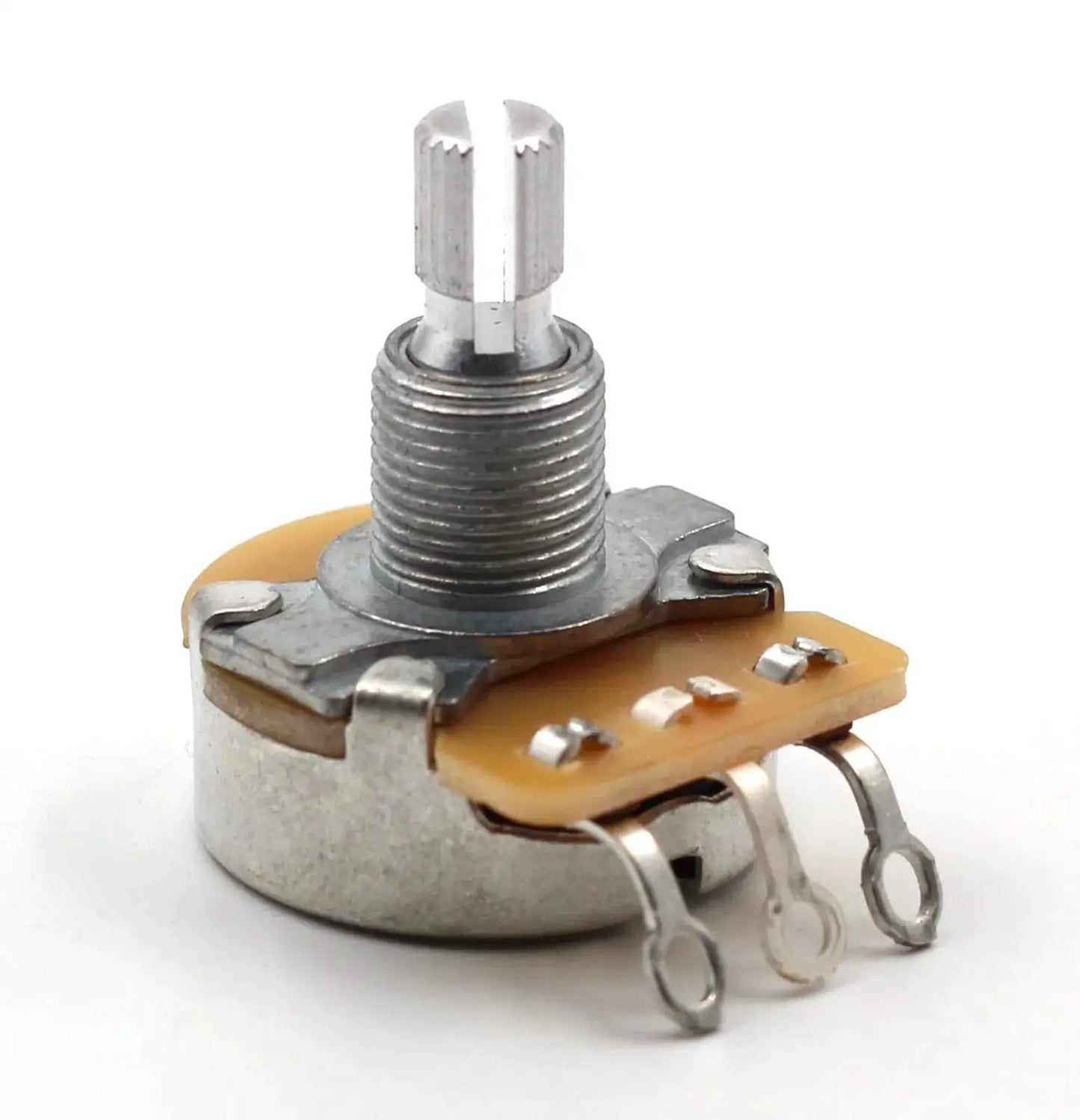 Audio Taper CTS 500k Guitar Potentiometer Kit, Set of 4 Split Shaft Replacement for Fender Potentiometers, aluminum shaft close-up
