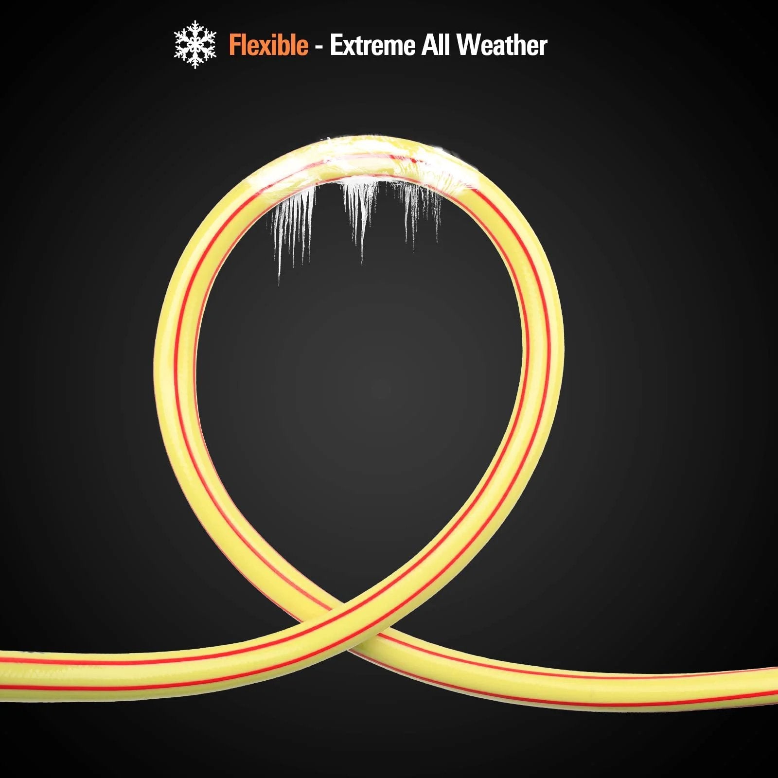 Heavy Duty Short Garden Hose Five Eighth Inch Diameter, Four Foot Length, Lightweight Flexible Water Pipe for Household and Yard Use, Kink Free No Leaking With Brass and Aluminum Fittings Solution4Patio shown in flexible loop against black background.