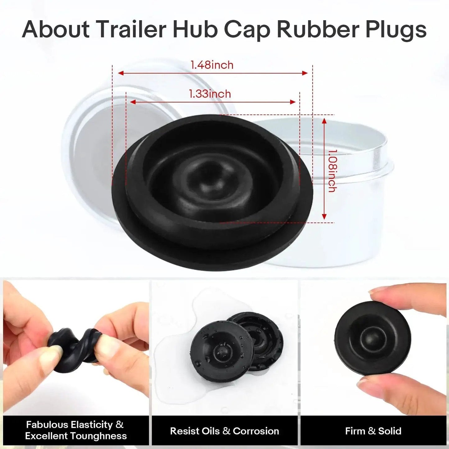 Trailer Bearing Dust Cap 1.98 Inch Grease Cover With Extra 2 Rubber Plugs For 2000 To 3500 Lb Trailer Axles EZ Lube And Standard Hub Compatibility Bearing Center Replacement Cap For 4 Lug And 5 Lug Systems, showing rubber plugs and measurements.