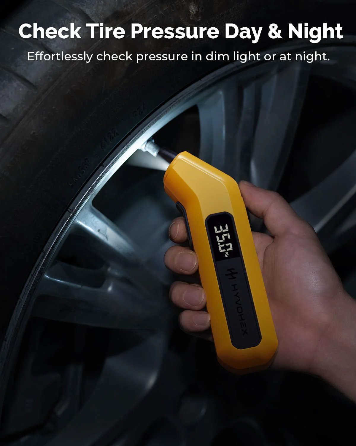 Person using Fast And Accurate Digital Tire Pressure Gauge With Backlit LED Display, 200 PSI For Cars, Trucks, Motorcycles, And Bicycles.